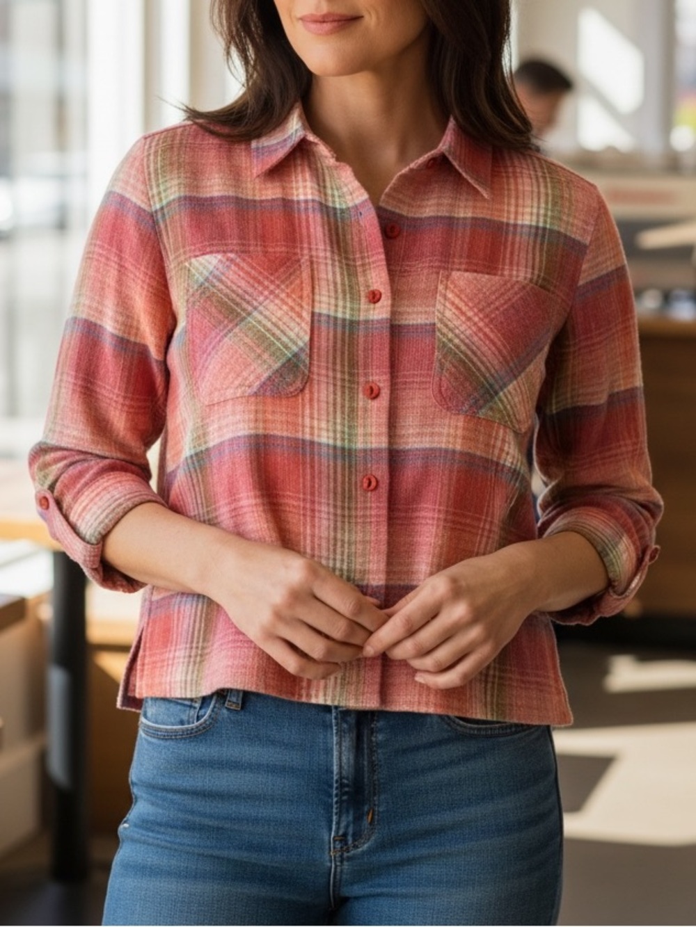 Christopher & Banks Coral Pink Plaid Button-Front Shirt